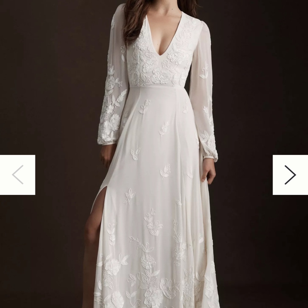 BHLDN Nassau Long-Sleeve Deep-V Embroidered Side-Slit Wedding Dress